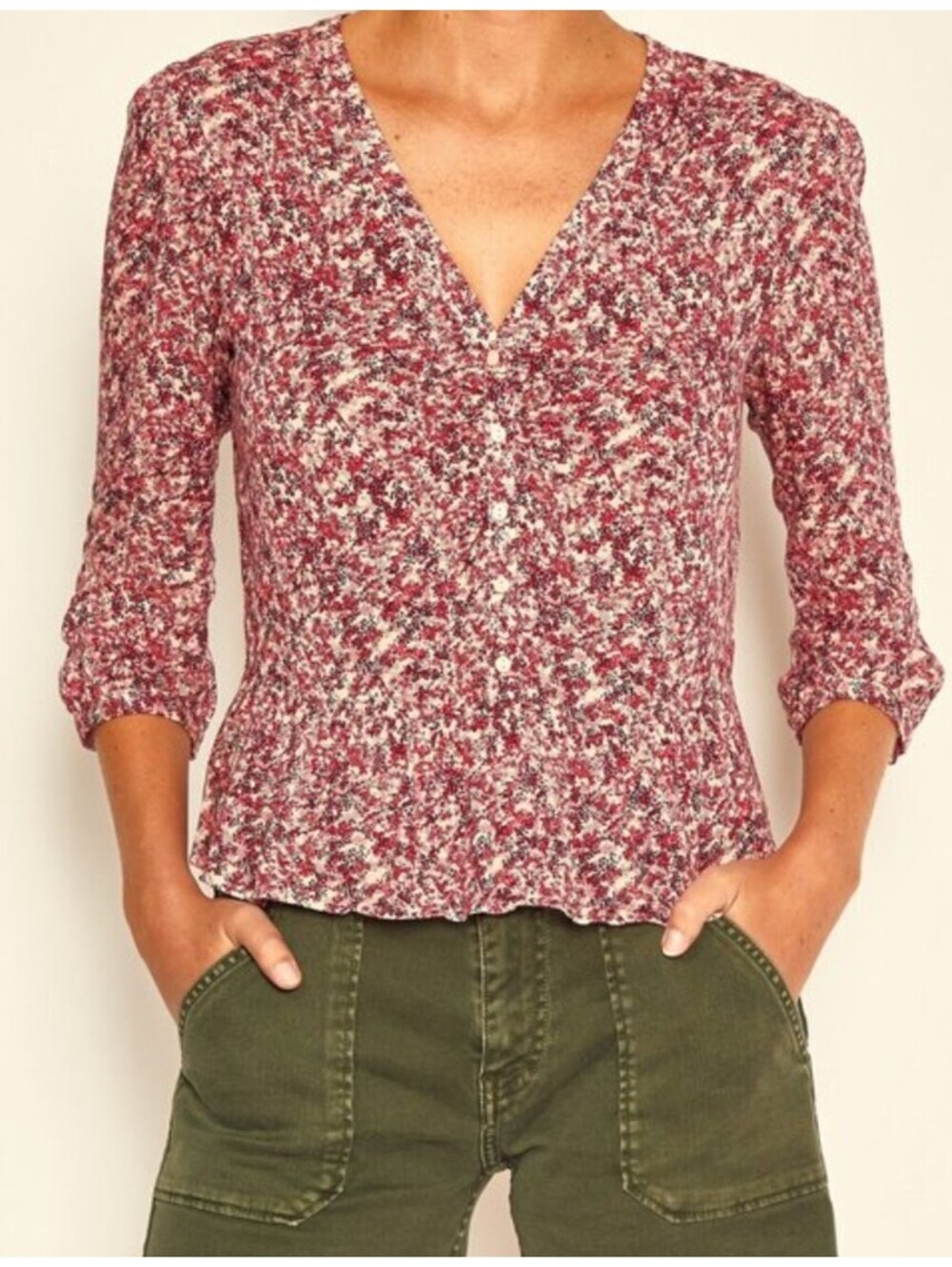 BA&SH pink floral 3/4 sleeve button down nelly top sz XS